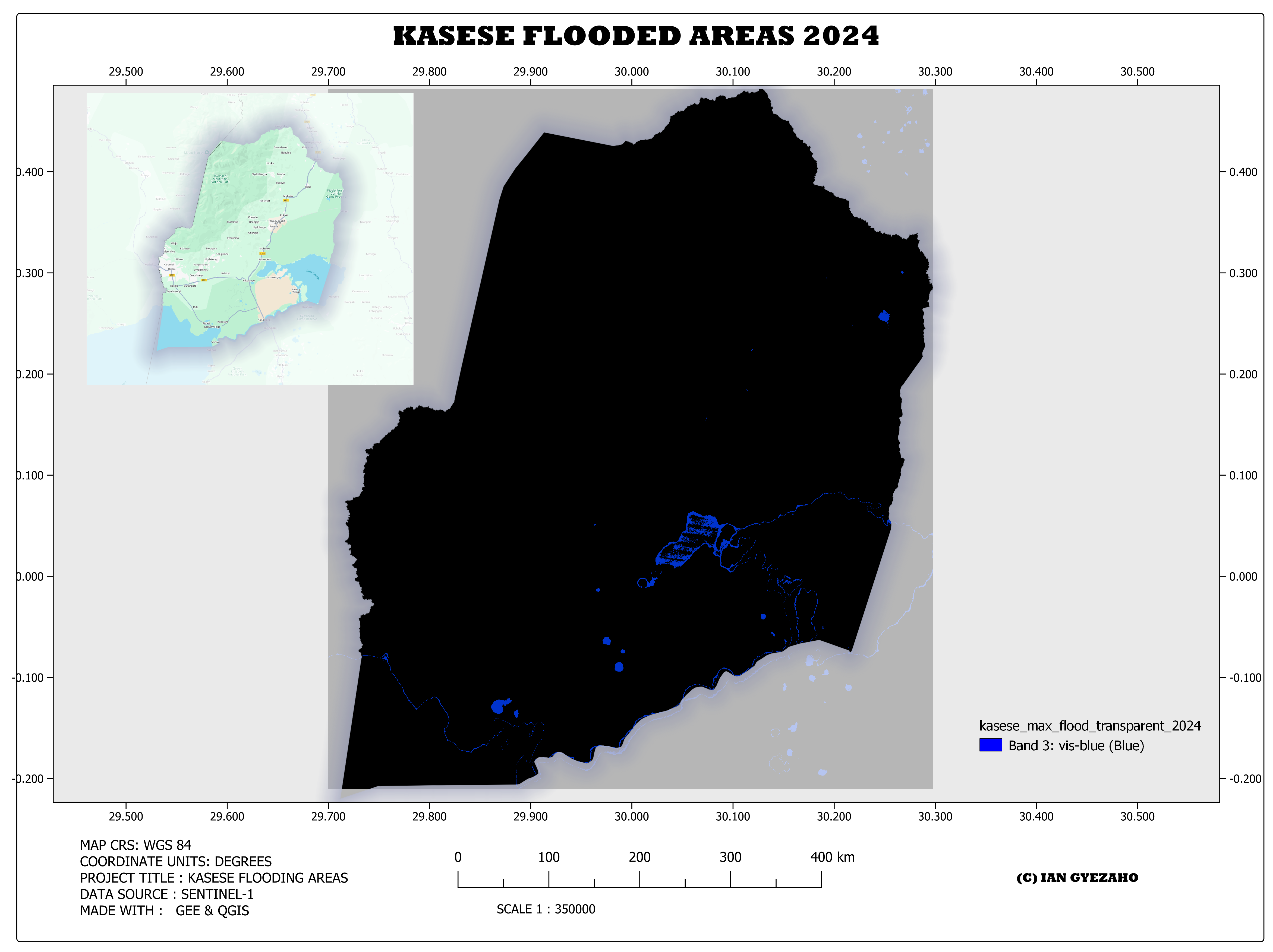 Flood extent map for January 2024 showing affected areas in Kasese