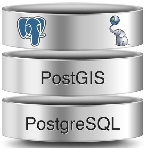 Three stacked silver database cylinders labeled from top to bottom with PostGIS and PostgreSQL. The top cylinder features the PostgreSQL elephant logo on the left and a cartoon elephant balancing a globe on its trunk on the right. The overall tone is professional and technical, representing spatial database technology.